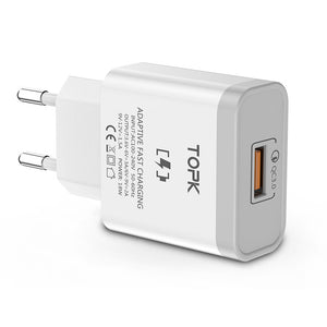 TOPK 18W Quick Charge 3.0 Fast Mobile Phone Charger EU Plug Wall USB Charger Adapter for iPhone Samsung Xiaomi Huawei