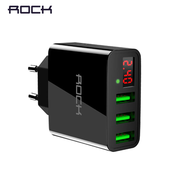 LED Display 3 USB Charger, ROCK Universal Mobile Phone USB Charger Fast Charging Wall Charger For iPhone Samsung Xiaomi Max 2.4A